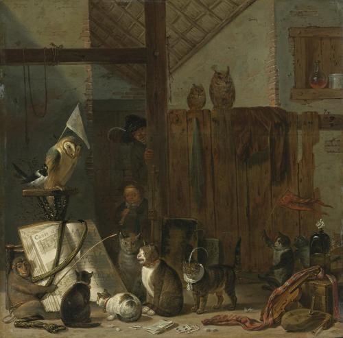 A Concert Of Cats, Owls, A Magpie And A Monkey In A Barn